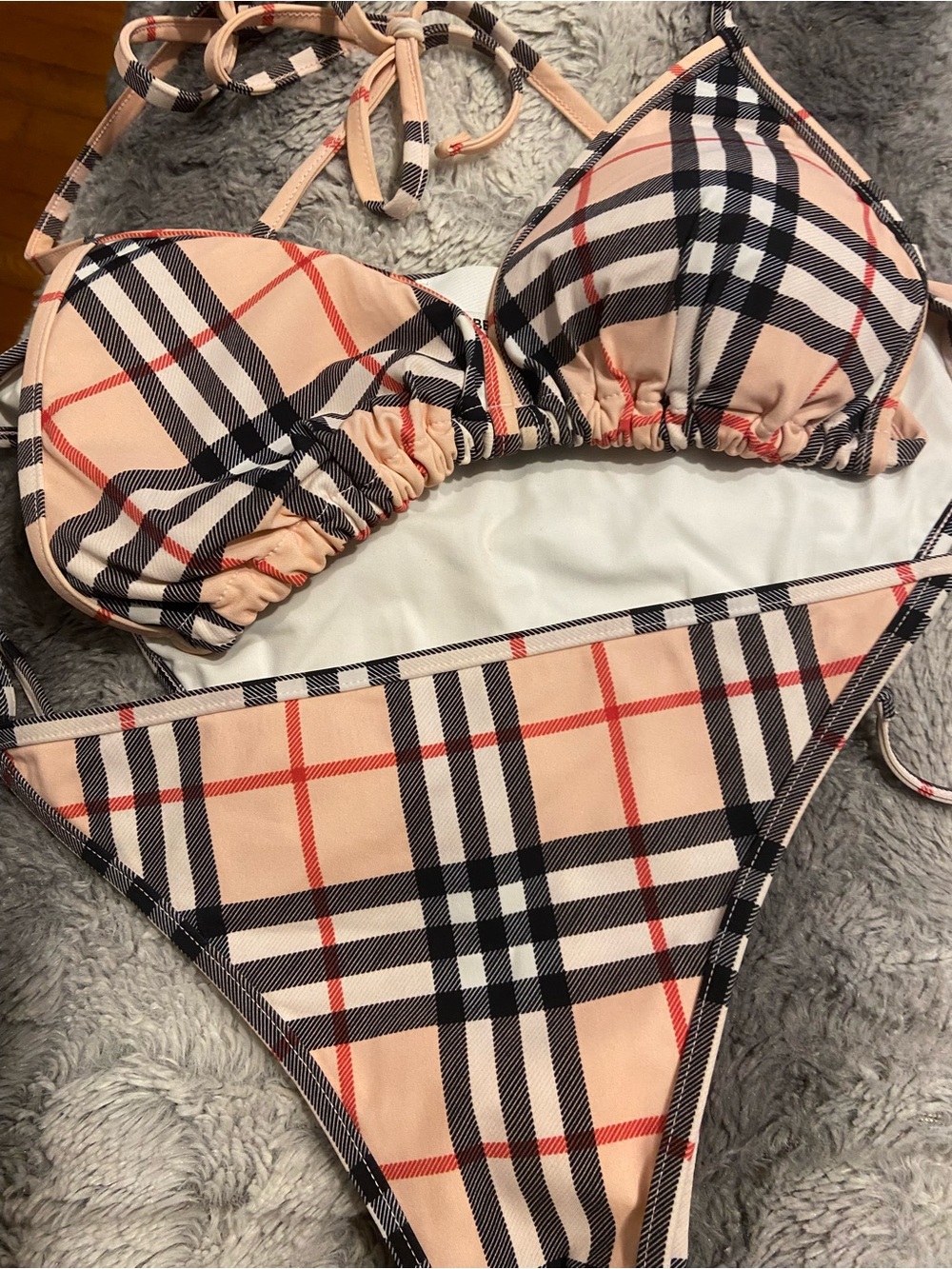 Burberry Pink Beige and Black Plaid Swim Top and Bottoms